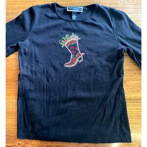Karen Scott Size PM Black Holiday Stocking Boot Embroidered 3/4 Sleeve Tee